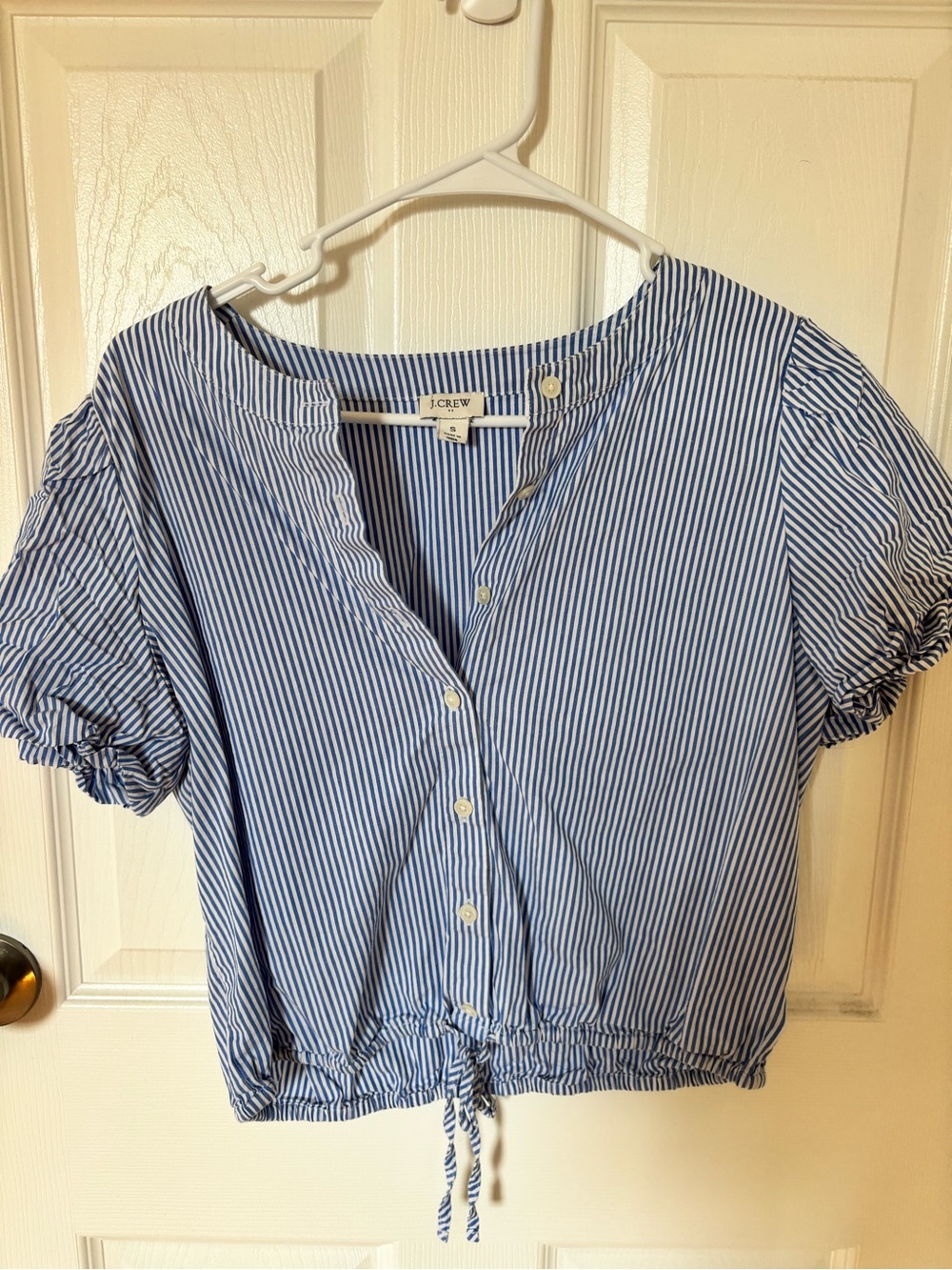 J. Crew Blue and White Striped Button-Front Drawstring Top